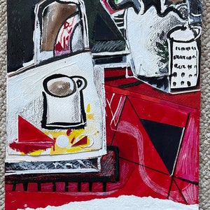 Unique Vintage Red Black White Yellow Still Life Coffee Mug Collage Painting Modern Art Wall Hanging Johnson