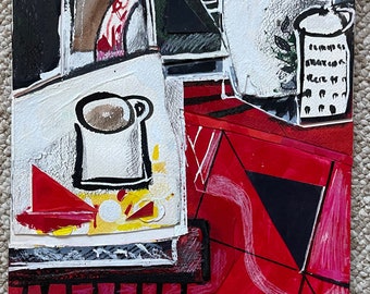Unique Vintage Red Black White Yellow Still Life Coffee Mug Collage Painting Modern Art Wall Hanging Johnson