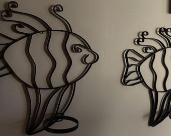 Pair Vintage Sculptural Black Iron Metal Fish Wall Hanging Planters Kitsch