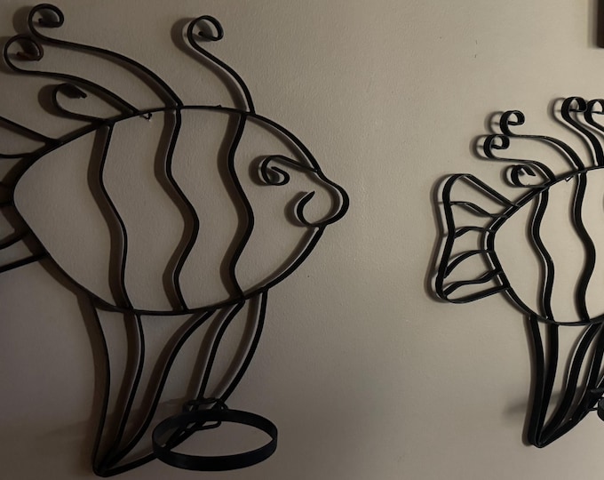 Pair Vintage Sculptural Black Iron Metal Fish Wall Hanging Planters Kitsch