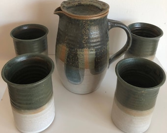 Vintage 70s Ceramic Pitcher Cups Art Pottery Retro Mid Century Modern Stoneware Seventies Tea Set