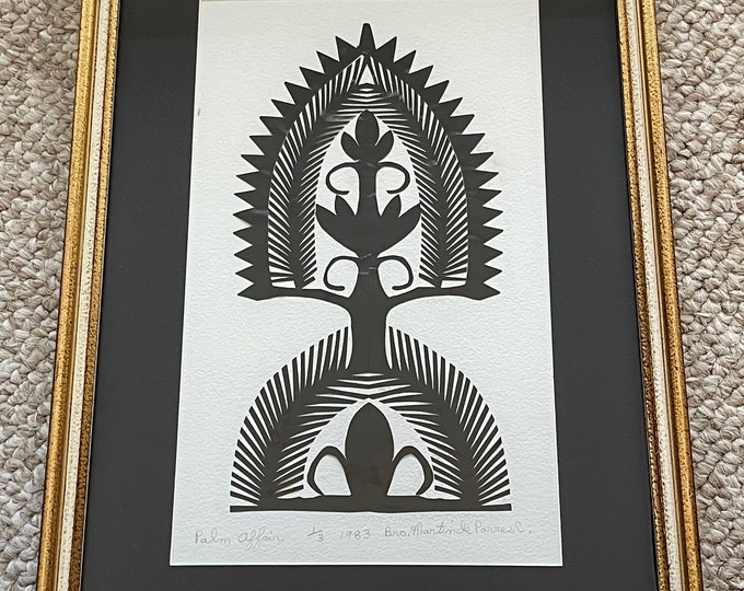 Vintage 1980s Scherenschnitte Paper Art Palm Leaves Wall Hanging Signed Framed Brother Martin de Porres Cuypers