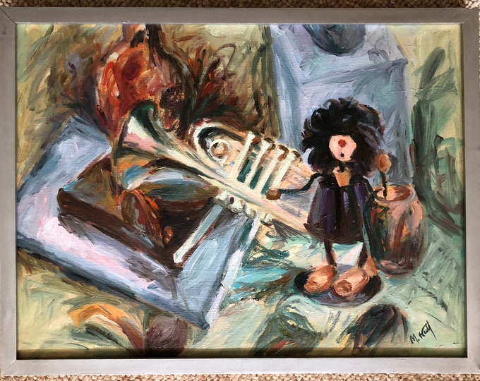 Vintage 70s Still Life Oil Painting Mid Century Modern Wall Hanging Art Signed Mariko Nutt St. Louis Artist