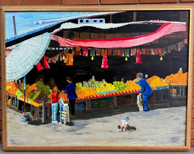 Framed Vintage Tel Aviv Market Israel Oil Painting Signed Nancy Johnston Modern