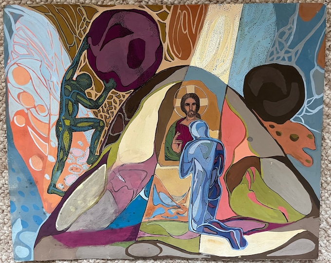 Vintage 90s Religious Abstract Painting Modern Art Wall Hanging Signed Tintcheva