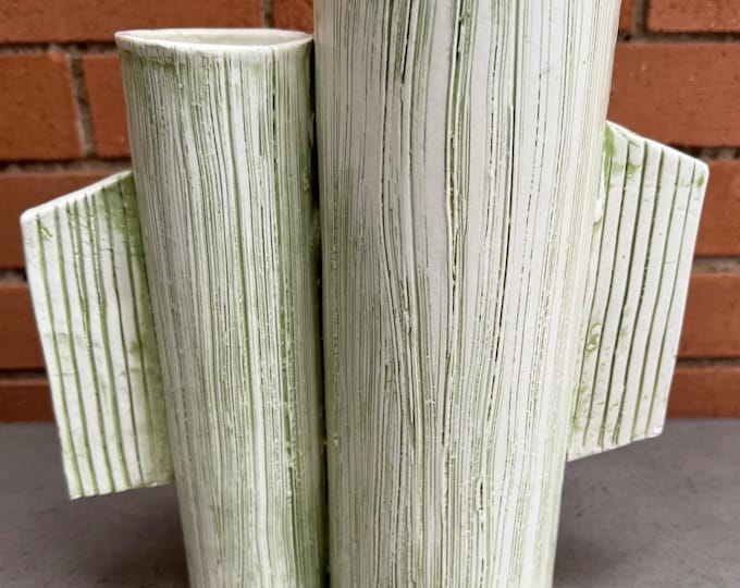 Vintage 70s Textured Green Double Spout Ceramic Vase Modern Studio Pottery Signed