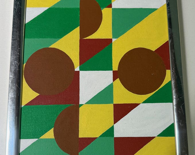 Vintage 70s Geometric Shapes Hard Edge Painting Modern Art Wall Hanging Framed