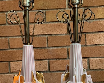 Vintage MCM Pink Ceramic Brass Miller Lamps Mid Century Modern Lighting Atomic 50s