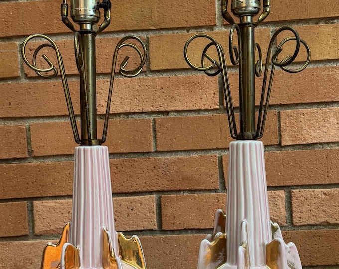 Vintage MCM Pink Ceramic Brass Miller Lamps Mid Century Modern Lighting Atomic 50s