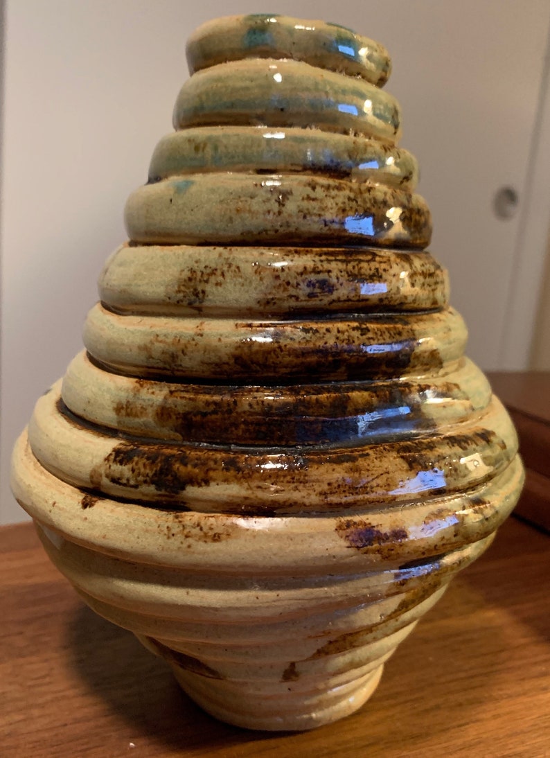 Bulbous Vintage 70s Ribbed Studio Pottery Ceramic Vase Mid Century Modern