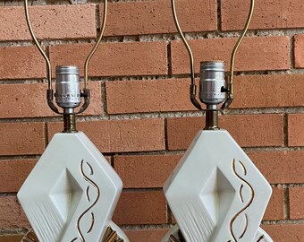 Pair Vintage 50s 60s Beige Gold Ceramic Table Lamps Mid Century Modern Lighting