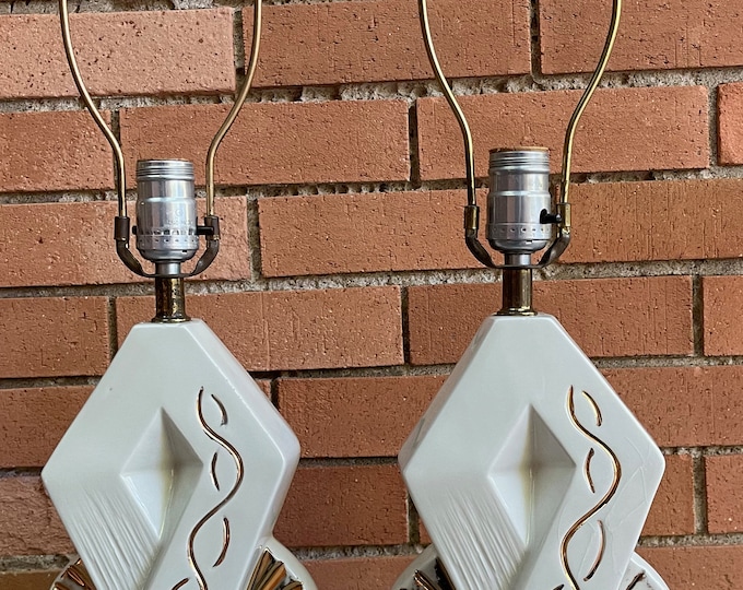 Pair Vintage 50s 60s Beige Gold Ceramic Table Lamps Mid Century Modern Lighting