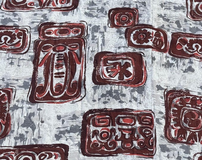 Vintage 40s Abstract Tiki Hawaiian Cotton Drapery Panel Mid Century Fabric 40s