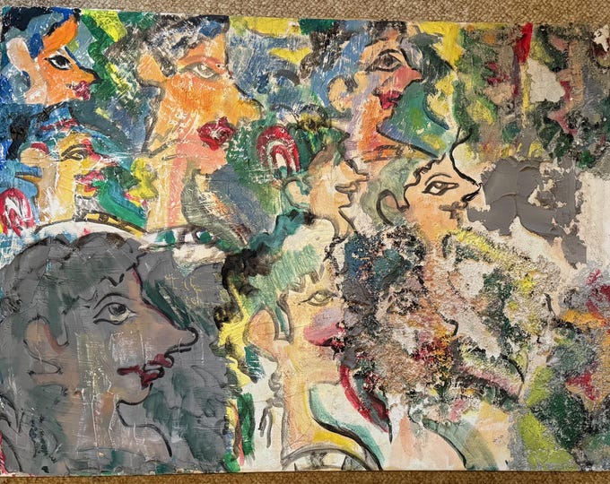 Vintage Textured Abstract Figural Heads Painting Mixed Media Art Signed Pollack