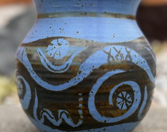 Handmade Vintage Abstract Studio Pottery Vase Brown Blue Modern Design Signed