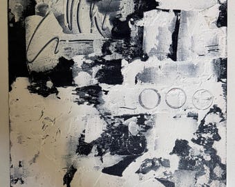 Original Vintage Abstract Black White Textured Painting Modern Art Wall Hanging Witt