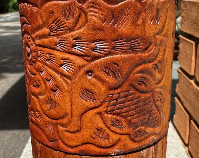 Vintage MCM Oak Wood Leather Lamp Bradley Manufacturing Mid Century Lighting 60s