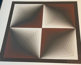 Vintage 70s Geometric Op Art Screen Print Wall Hanging Modern Art MCM Signed Lev Moross
