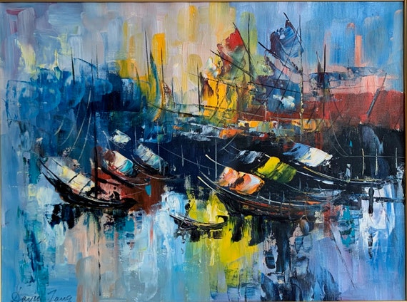 Vintage 60s Abstract Oil Painting Hong Kong Nautical Boats Mid