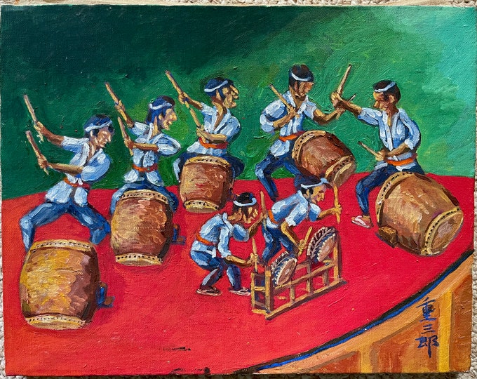 Vintage 70s Asian Themed Percussion Oil Painting Modern Art Wall Hanging Signed