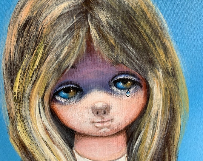 Vintage Paul Michan Weeping Wanda Oil Painting Sad Eyes Mid Century Keane Kitsch 60s 70s Wall Hanging