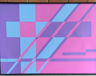 Nice Vintage 70s Hard Edge Geometric Shapes Acrylic Painting Modern Art Signed
