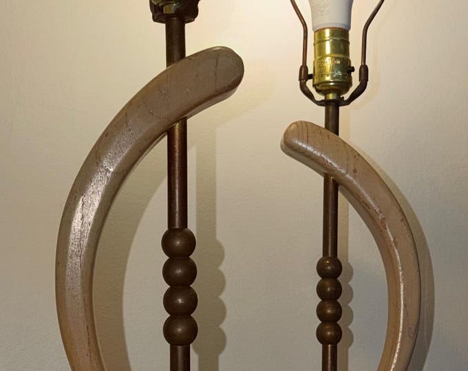 Pair Vinage MCM Ceruse Wood Lamps Mid Century Modern Atomic Era Lighting 1950s