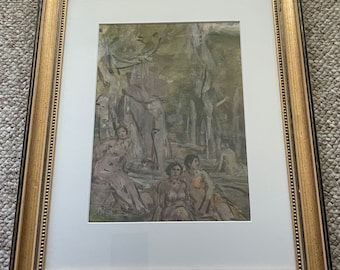 Vintage Nude Women Figural Watercolor Painting Modern Fine Art Wall Hanging - 2