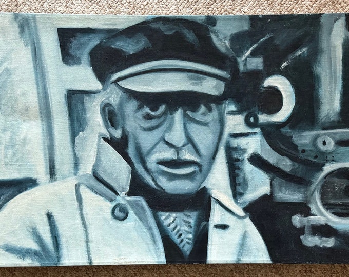 Vintage 70s Blue Figural Oil Painting Canvas Modern Art Wall Hanging Sea Captain Nautical