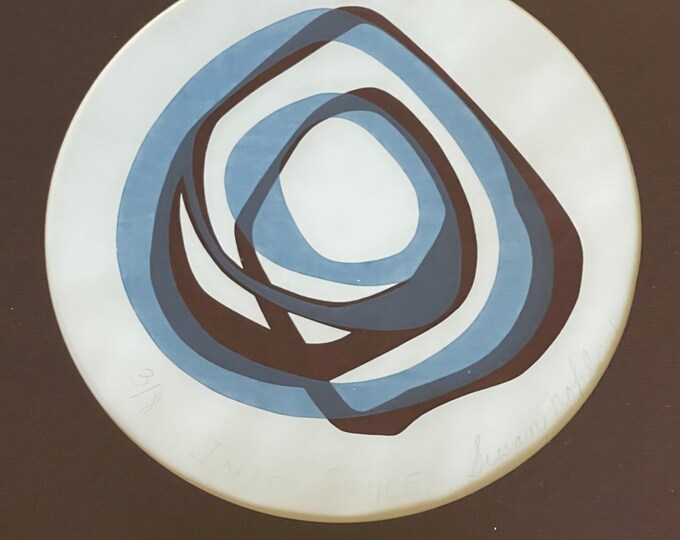 Vintage 70s Abstract Overlapping Blue Brown Shapes Screen Print Serigraph Modern Art Wall Hanging Signed Susan Kohl
