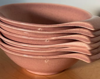 Vintage MCM Russel Wright Lug Handled Fruit Soup Bowls Coral Pink STEUBENVILLE
