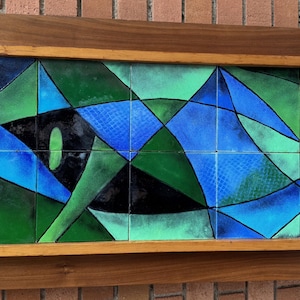 Vintage MCM 60s Abstract Fish Ceramic Tile Wall Art Mid Century Modern Framed
