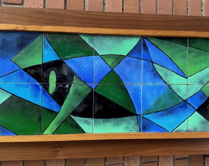 Vintage MCM 60s Abstract Fish Ceramic Tile Wall Art Mid Century Modern Framed