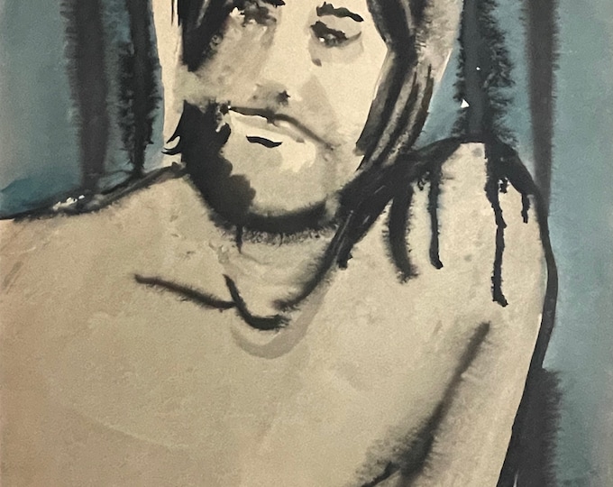 Vintage 70s Male Figural Nude Watercolor Painting Modern Art Wall Hanging