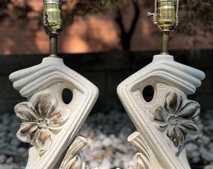 Vintage MCM Floral Chalkware Lamps Mid Century Modern Lighting Atomic Era 1950s