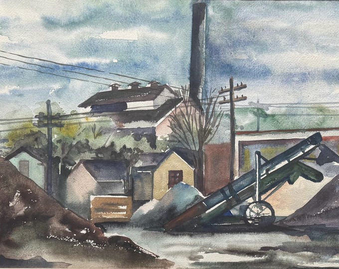 Vintage Architectural Landscape Watercolor Painting Art Lauchner Mid Century 40s