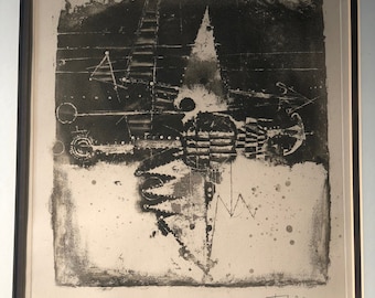 Vintage Johnny Friedlander Abstract Etching Retro Art Signed Mid Century Modern