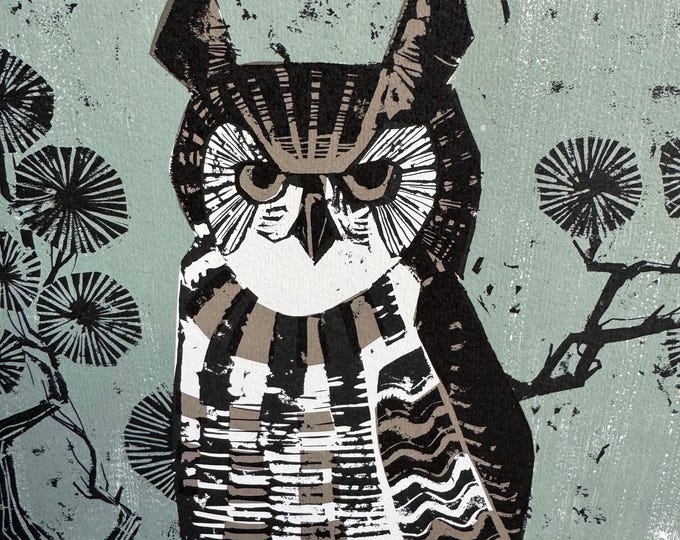 Vintage Owl Lithograph Print Harry Wysocki Modern Art Wall Hanging Signed 70s