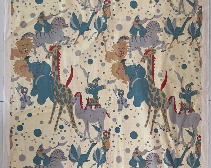 Vintage 1960s Circus Textile Fabric Animals Clowns Mid Century Modern Barkcloth