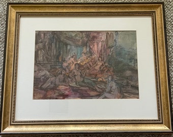 Vintage Nude Women Figural Watercolor Painting Modern Fine Art Wall Hanging - 1