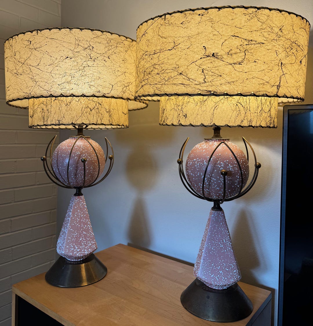 Vintage MCM Atomic Pink Ceramic Lamps Fiberglass Shades Mid