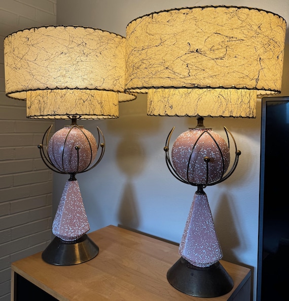 Vintage MCM Atomic Pink Ceramic Lamps Fiberglass Shades Mid