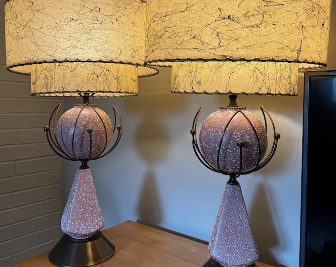 Vintage MCM Atomic Pink Ceramic Lamps Fiberglass Shades Mid Century Modern 1950s