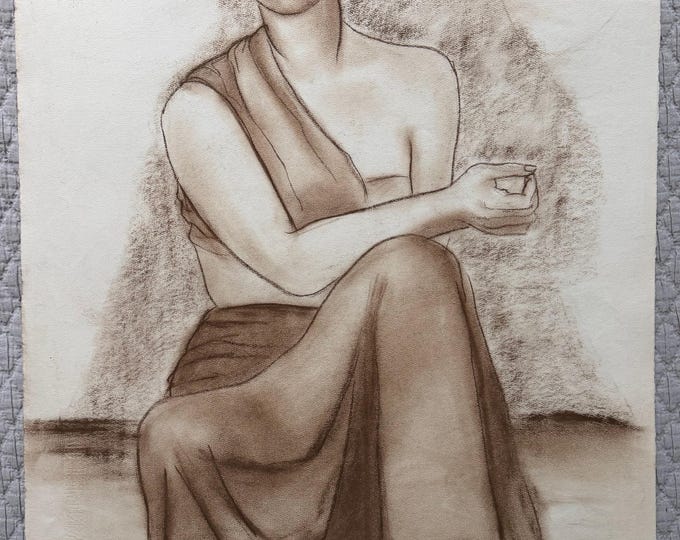 Vintage Figural Woman Charcoal Drawing Illustration Modern Art Signed Higgins 11