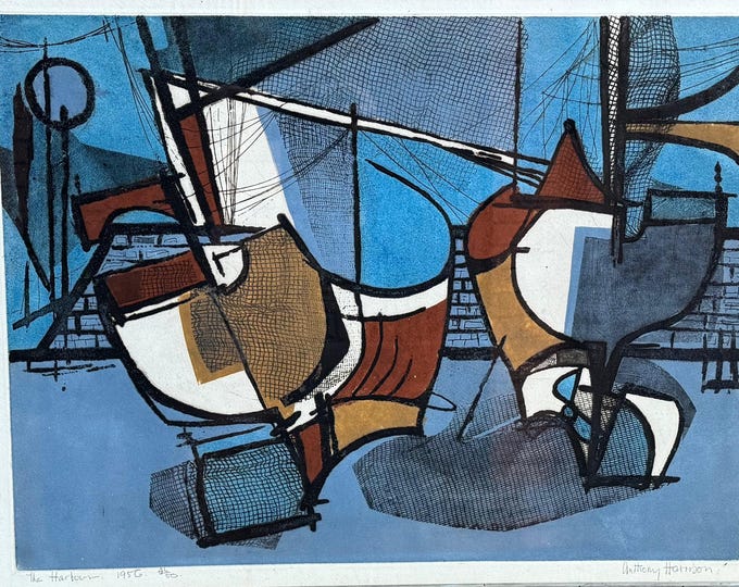 Vintage Abstract MCM 50s "Harbor" Screen Print Mid Century Modern Art Signed Harrison