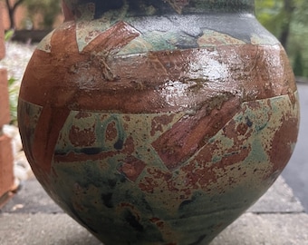 Unusual Unique Vintage Stoneware Ceramic Modern Studio Pottery Vase Green Brown