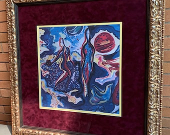 Large Eerie Vintage Surreal Lithograph Print Wall Hanging Modern Art Mid Century