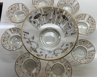 Vintage 50s 60s Lotus Salad Bowl + 6 Small Bowls Set Mid Century Modern Atomic Gold White Design
