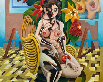 Abstract Surreal Nude Woman Oil Painting Modern Art Wall Hanging 80s Stan Jones