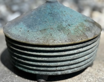 Round Vintage MCM Ribbed Lidded Bowl Footed Mid Century Modern Pottery Blue 60s Decorative